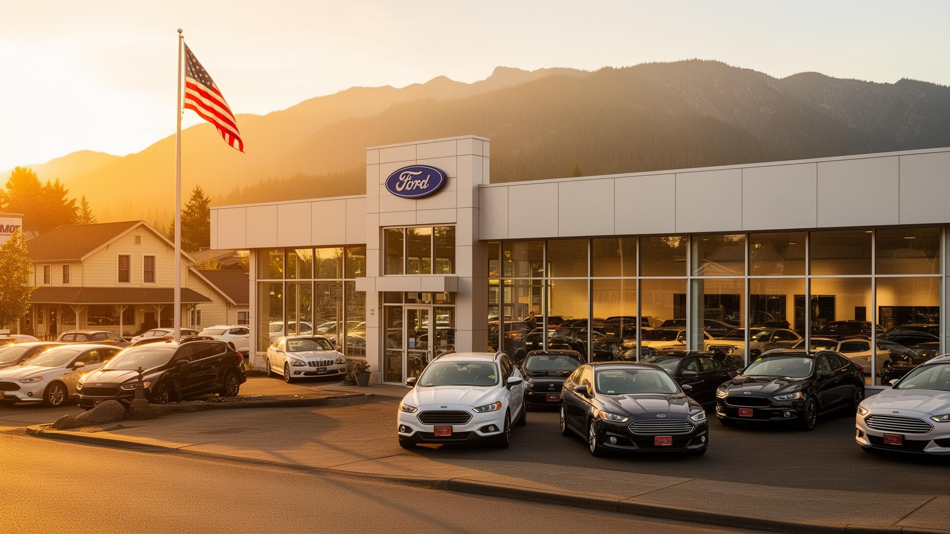 Skyline Ford dealership at golden hour